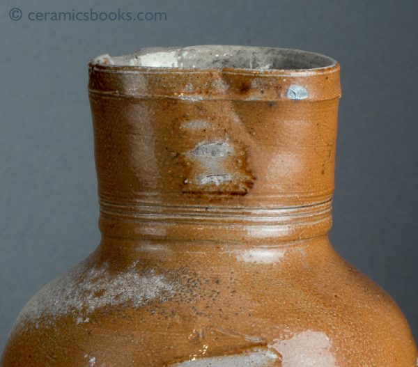 German brown stoneware jug, salt-glazed. Probably Raeren. c.1550-1600. Neck.