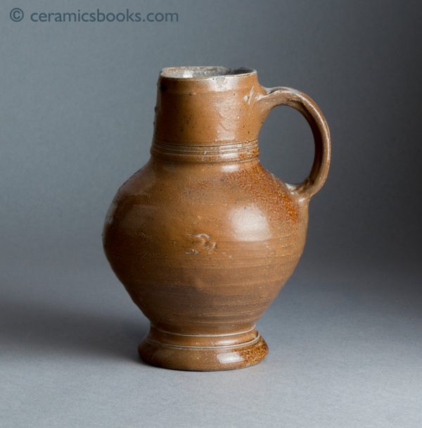 German brown stoneware jug, salt-glazed. Probably Raeren. c.1550-1600. Obverse.