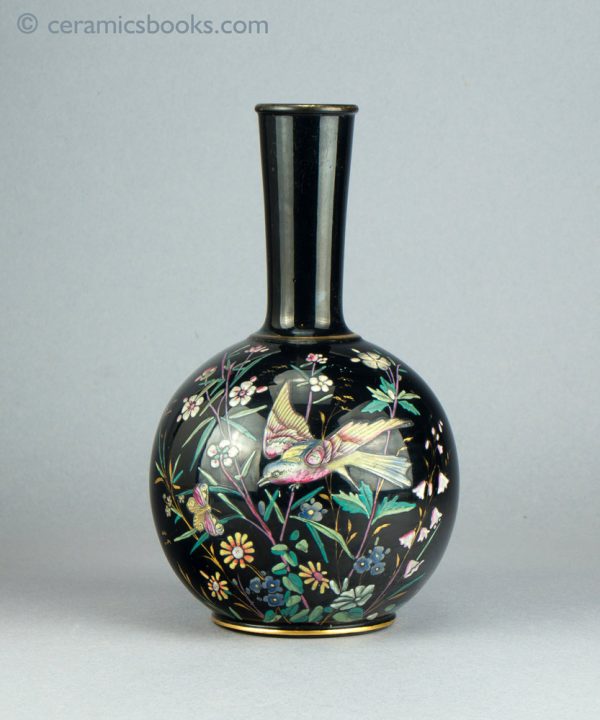 Jackfield type vase enamelled with birds and butterflies. Reverse.