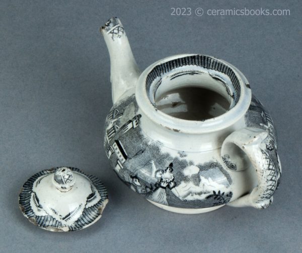 Child's size black transfer printed teapot. Possibly Godwin. c.1835-1845. AP/1563. Above reverse.