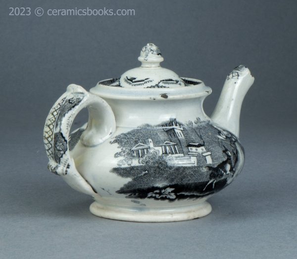 Child's size black transfer printed teapot. Possibly Godwin. c.1835-1845. AP/1563. Back reverse.