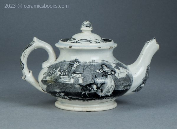 Child's size black transfer printed teapot. Possibly Godwin. c.1835-1845. AP/1563. Reverse.