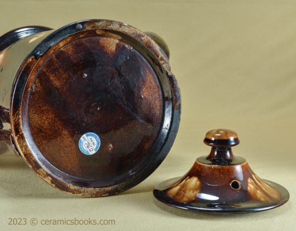 Two-tone treacleware (Rockingham glaze) coffee pot. Rare 'metal' shape. c.1840-1870. AP/762. Base and lid.