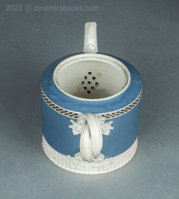 Neale & Co. blue slip 'mochaware' teapot. c.1784-1795. AP/1200. Above.
