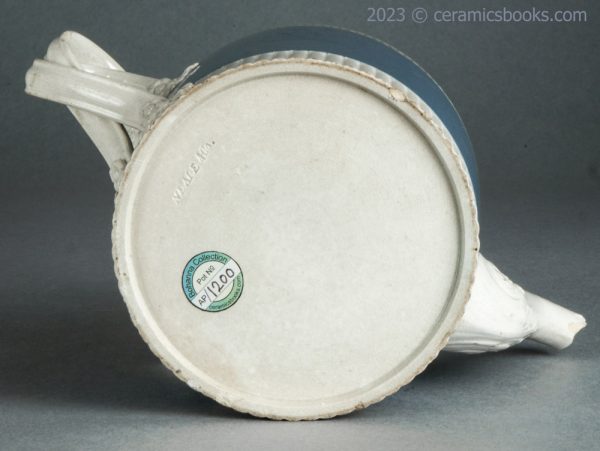 Neale & Co. blue slip 'mochaware' teapot. c.1784-1795. AP/1200. Base.