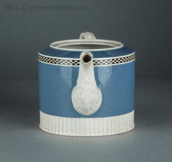 Neale & Co. blue slip 'mochaware' teapot. c.1784-1795. AP/1200. Front.