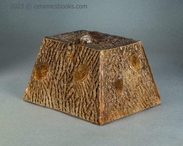 Salt-glazed stoneware moneybox. 'Wooden' box. c.1850-1880. AP/1225. Corner 1.