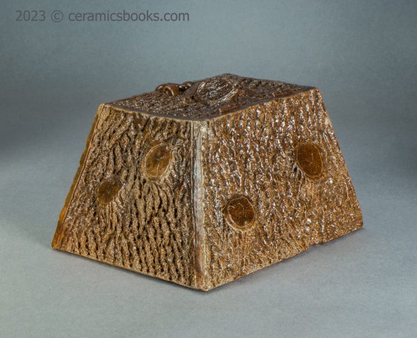 Salt-glazed stoneware moneybox. 'Wooden' box. c.1850-1880. AP/1225. Corner 2.