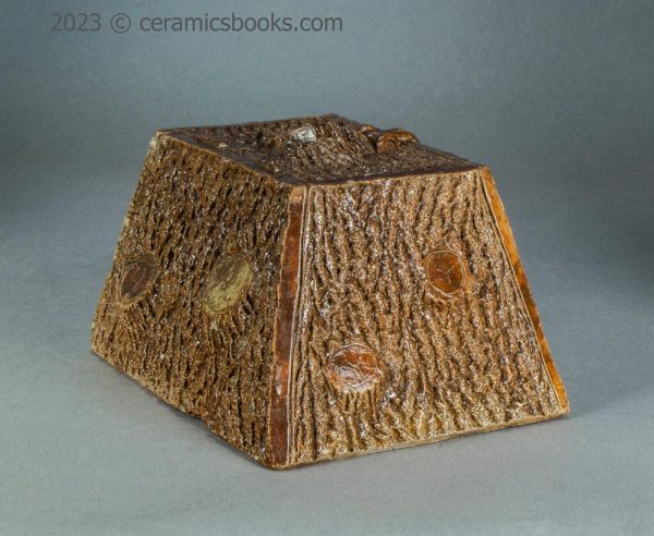 Salt-glazed stoneware moneybox. 'Wooden' box. c.1850-1880. AP/1225. Corner 3.