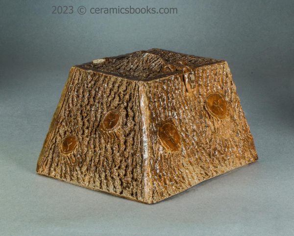 Salt-glazed stoneware moneybox. 'Wooden' box. c.1850-1880. AP/1225. Corner 4.