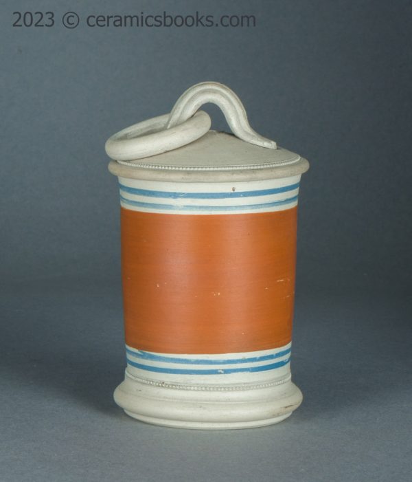 Unglazed banded ware / mochaware moneybox with sgraffito. c.1840-1900. AP/1409. Back.
