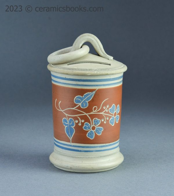Unglazed banded ware / mochaware moneybox with sgraffito. c.1840-1900. AP/1409. Front version 2.