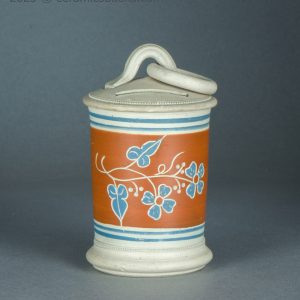 Unglazed banded ware / mochaware moneybox with sgraffito. c.1840-1900. AP/1409. Front.