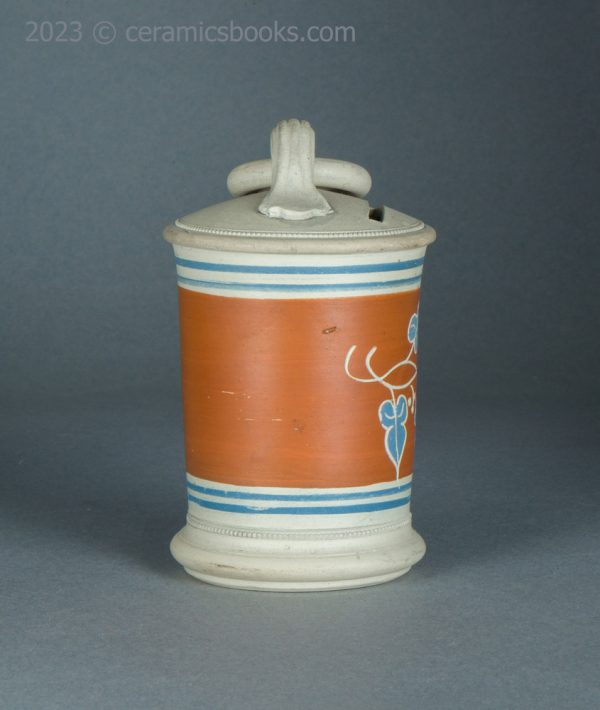 Unglazed banded ware / mochaware moneybox with sgraffito. c.1840-1900. AP/1409. Reverse.