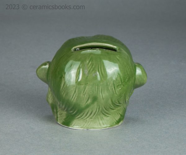 Green porcelainous monkey head moneybox. Austrian. c.1890-1917. AP/1413. Back.