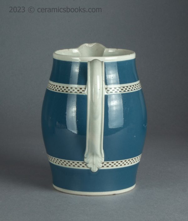 Baluster 'mochaware' pearlware blue slip jug. c.1790-1800. AP/1715. Back.