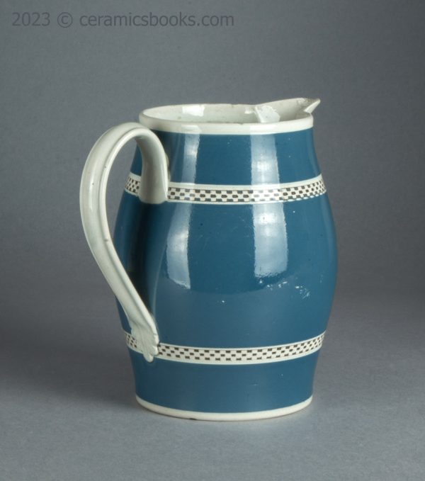 Baluster 'mochaware' pearlware blue slip jug. c.1790-1800. AP/1715. Back reverse.