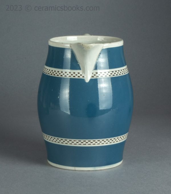 Baluster 'mochaware' pearlware blue slip jug. c.1790-1800. AP/1715. Front.