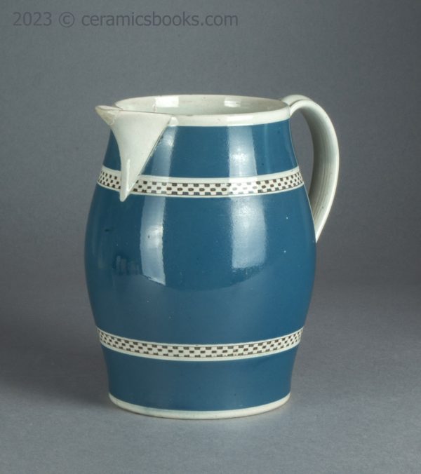 Baluster 'mochaware' pearlware blue slip jug. c.1790-1800. AP/1715. Front obverse.
