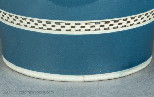 Baluster 'mochaware' pearlware blue slip jug. c.1790-1800. AP/1715. Front crack.