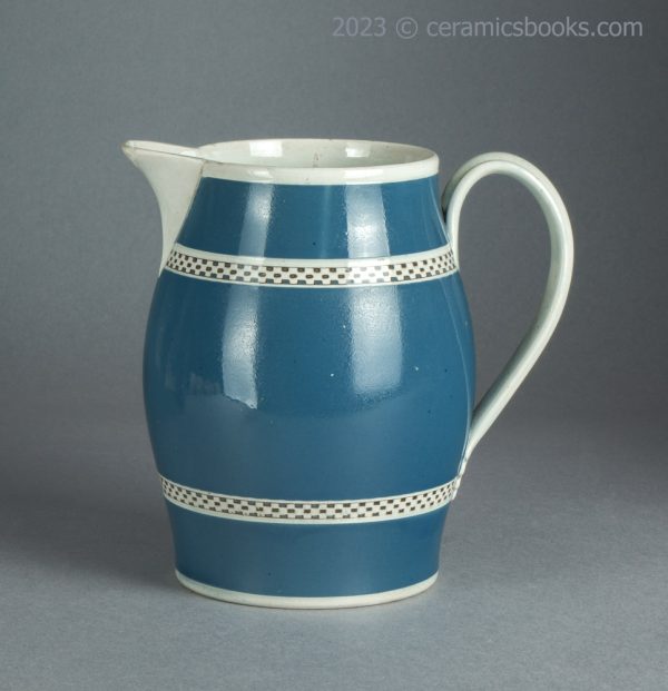 Baluster 'mochaware' pearlware blue slip jug. c.1790-1800. AP/1715. Obverse.