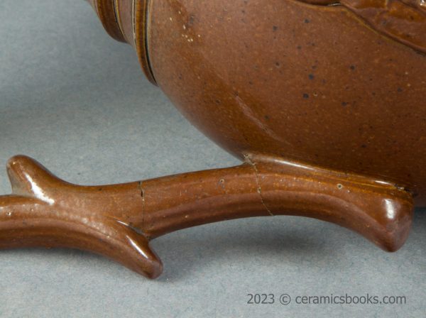 Salt-glazed stoneware coffeepot "J & N Houldsworth 1839". AP/997. Handle damage.