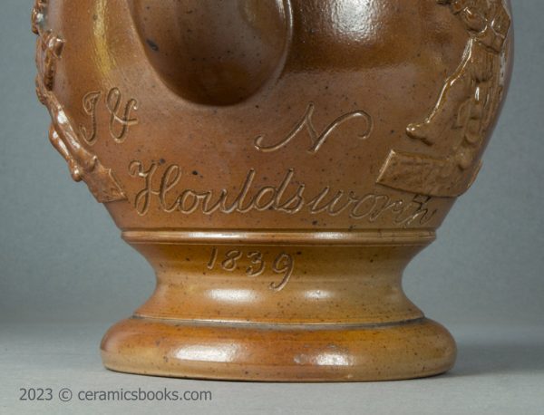 Salt-glazed stoneware coffeepot "J & N Houldsworth 1839". AP/997. Inscription.