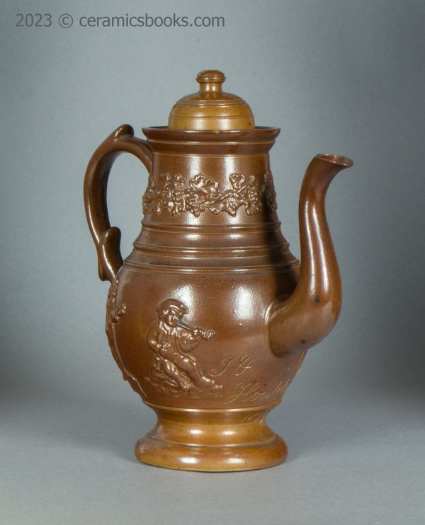 Salt-glazed stoneware coffeepot "J & N Houldsworth 1839". AP/997. Reverse front.