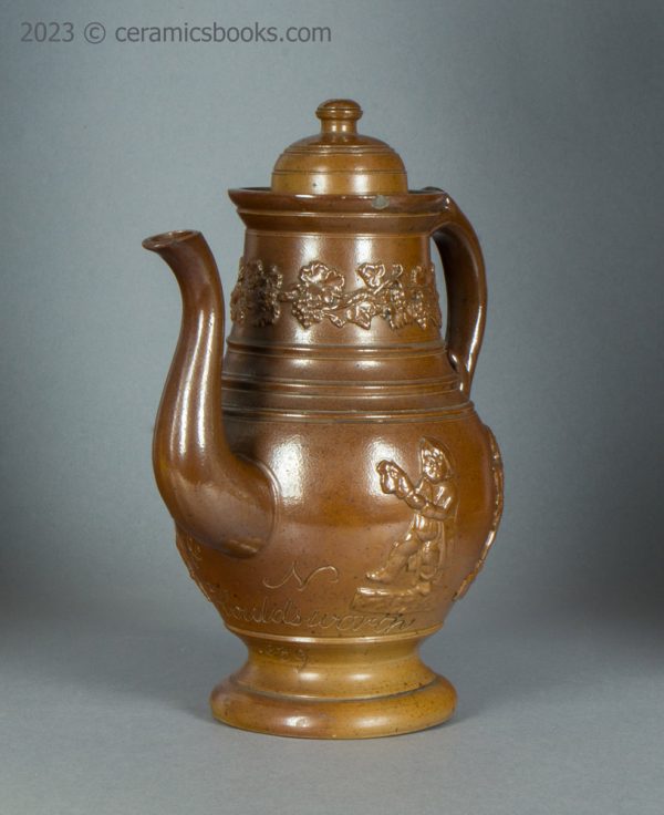 Salt-glazed stoneware coffeepot "J & N Houldsworth 1839". AP/997. Spout.