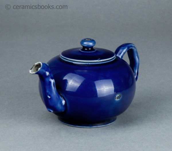 Littler's Blue salt-glazed white stoneware teapot. c.1753-1777. AP/1239. Front obverse.