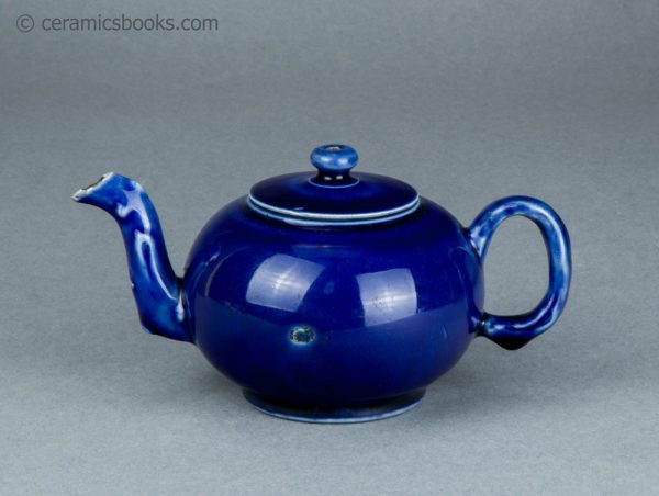 Littler's Blue salt-glazed white stoneware teapot. c.1753-1777. AP/1239. Obverse.