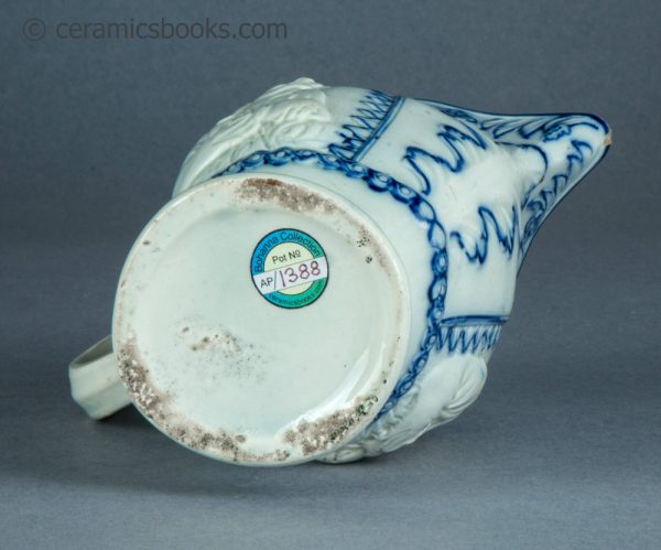 Pearlware jug, underglaze blue painted decoration. The Snuff Taker. c.1795-1815. AP/1388. Base.