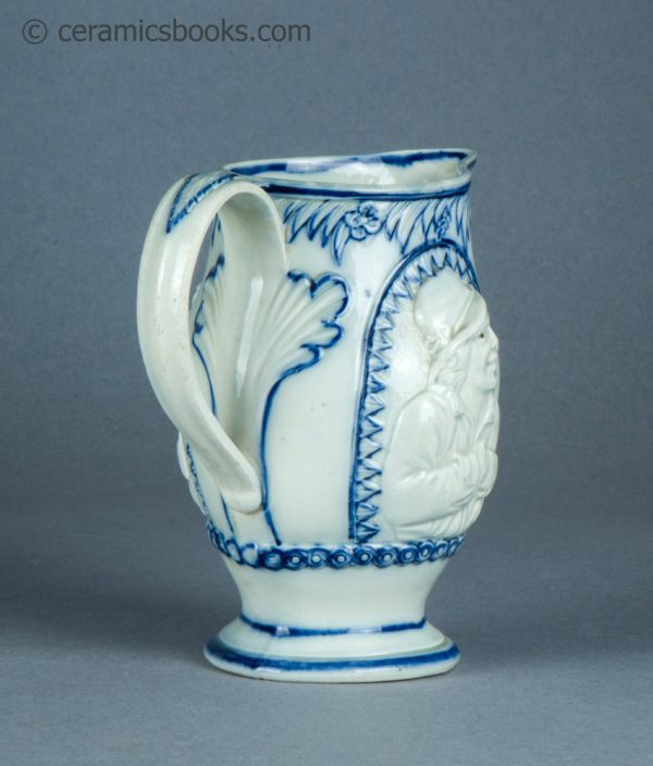 Pearlware jug, underglaze blue painted decoration. The Snuff Taker. c.1795-1815. AP/1388. Back reverse.