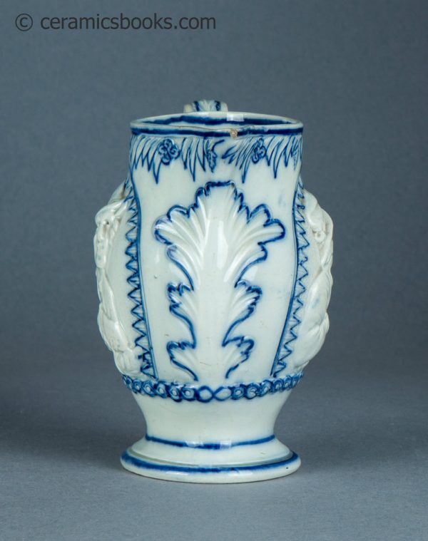 Pearlware jug, underglaze blue painted decoration. The Snuff Taker. c.1795-1815. AP/1388. Front.
