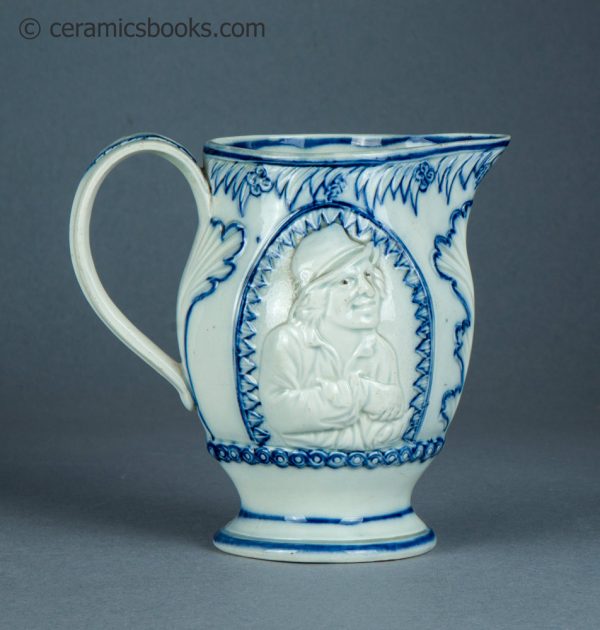 Pearlware jug, underglaze blue painted decoration. The Snuff Taker. c.1795-1815. AP/1388. Reverse.