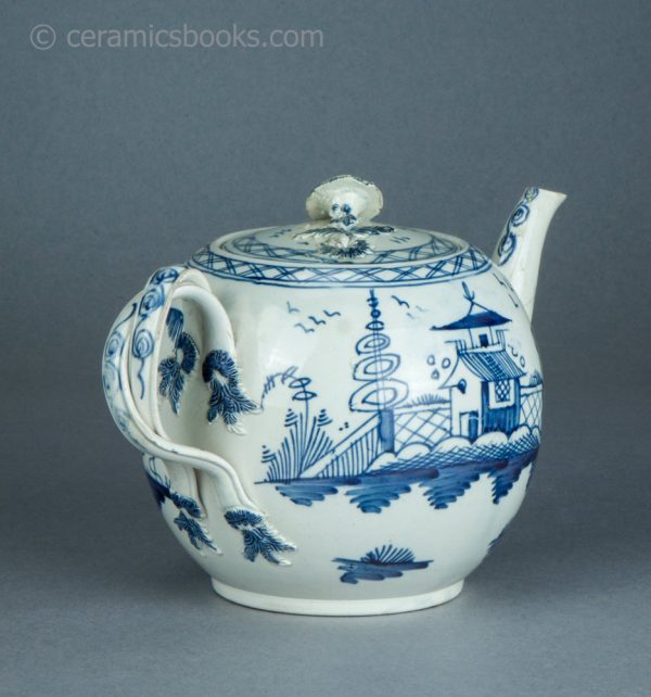 Pearlware teapot, painted blue underglaze Chinese House pattern. Attributed to Leeds Pottery. c.1780-1790. AP1401. Back reverse.
