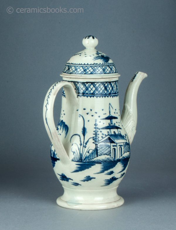 Pearlware coffeepot, underglaze blue painted Chinese Pagoda pattern. c.1780-1795. AP1406. Back reverse.