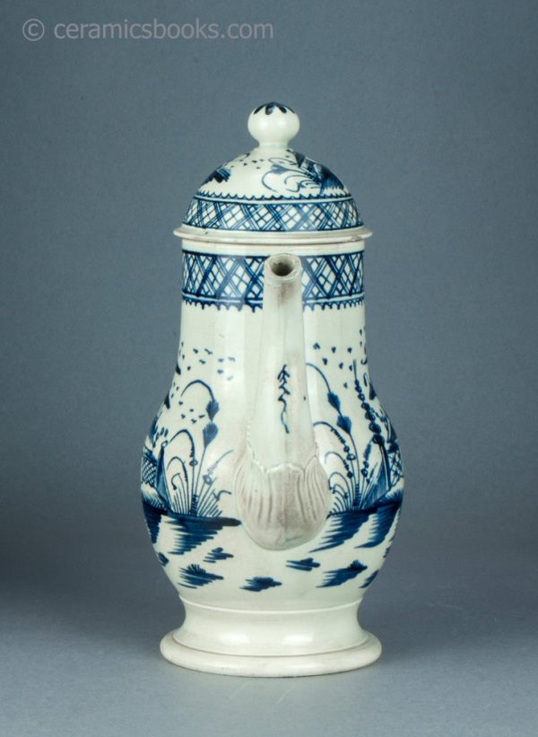Pearlware coffeepot, underglaze blue painted Chinese Pagoda pattern. c.1780-1795. AP1406. Front.