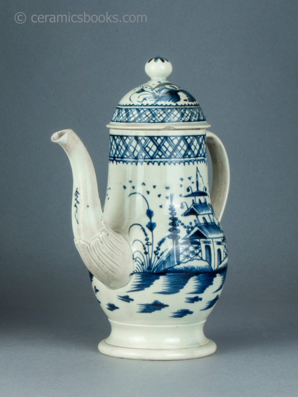 Pearlware coffeepot, underglaze blue painted Chinese Pagoda pattern. c.1780-1795. AP1406. Front obverse.