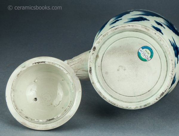 Pearlware coffeepot, underglaze blue painted Chinese Pagoda pattern. c.1780-1795. AP1406. Base plus inside lid.