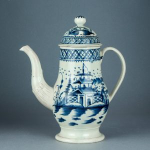 Pearlware coffeepot, underglaze blue painted Chinese Pagoda pattern. c.1780-1795. AP1406. Obverse.