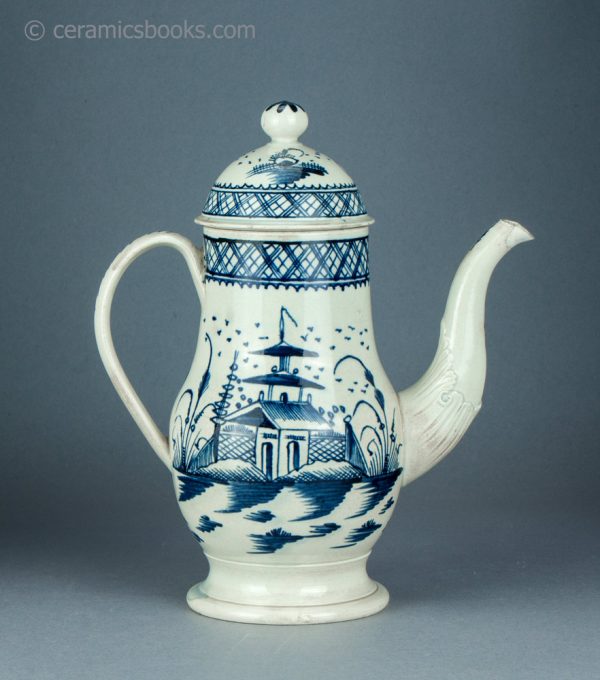 Pearlware coffeepot, underglaze blue painted Chinese Pagoda pattern. c.1780-1795. AP1406. Reverse.