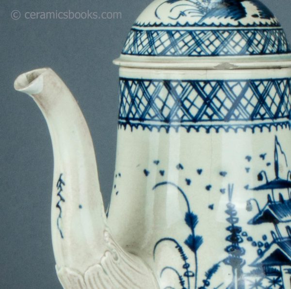 Pearlware coffeepot, underglaze blue painted Chinese Pagoda pattern. c.1780-1795. AP1406. Rim hairline and spout lip restoration.
