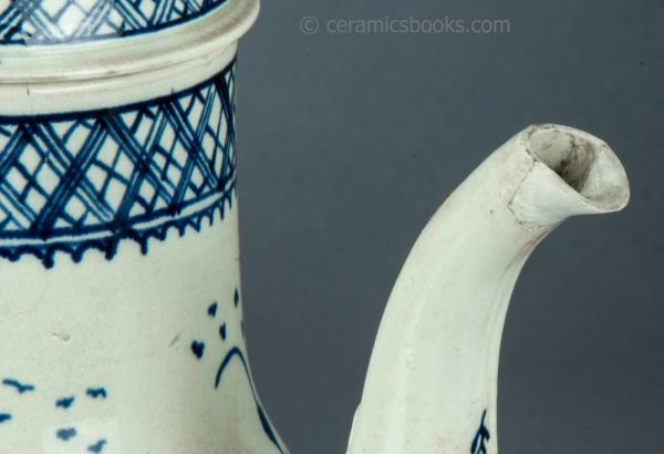 Pearlware coffeepot, underglaze blue painted Chinese Pagoda pattern. c.1780-1795. AP1406. Spout lip.