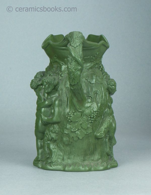 Green stoneware moulded jug. Drunken Silenus, Minton. c.1831-1840. AP/1452. Back.