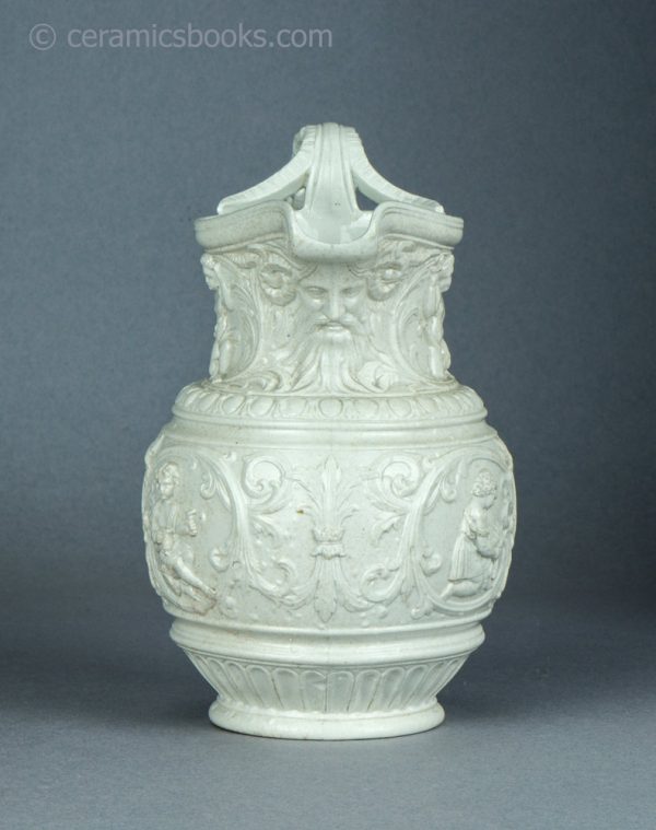 White stoneware moulded jug. 'Four Seasons' by Charles Meigh & Son. c.1852. AP/1454. Front.