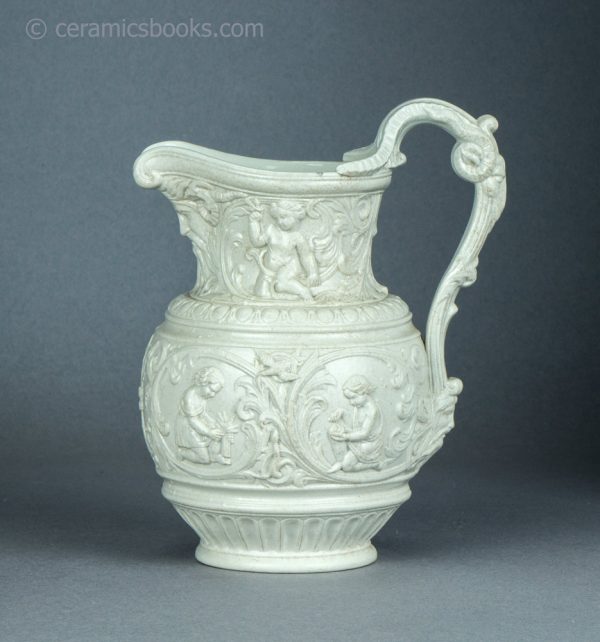 White stoneware moulded jug. 'Four Seasons' by Charles Meigh & Son. c.1852. AP/1454. Obverse.