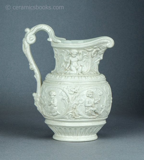 White stoneware moulded jug. 'Four Seasons' by Charles Meigh & Son. c.1852. AP/1454. Reverse.