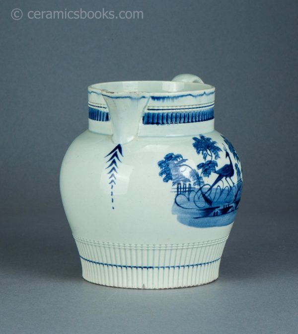 Pearlware jug with underglaze blue painted bird. Attributed to Swansea. c.1790-1810. AP/1511. Front.