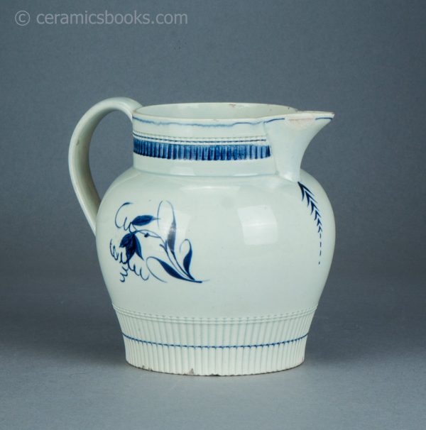 Pearlware jug with underglaze blue painted bird. Attributed to Swansea. c.1790-1810. AP/1511. Reverse front.